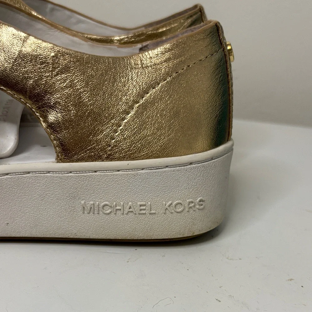 Michael Kors Beckett Velcro Cut-Out Leather Sneakers White Gold Size 7